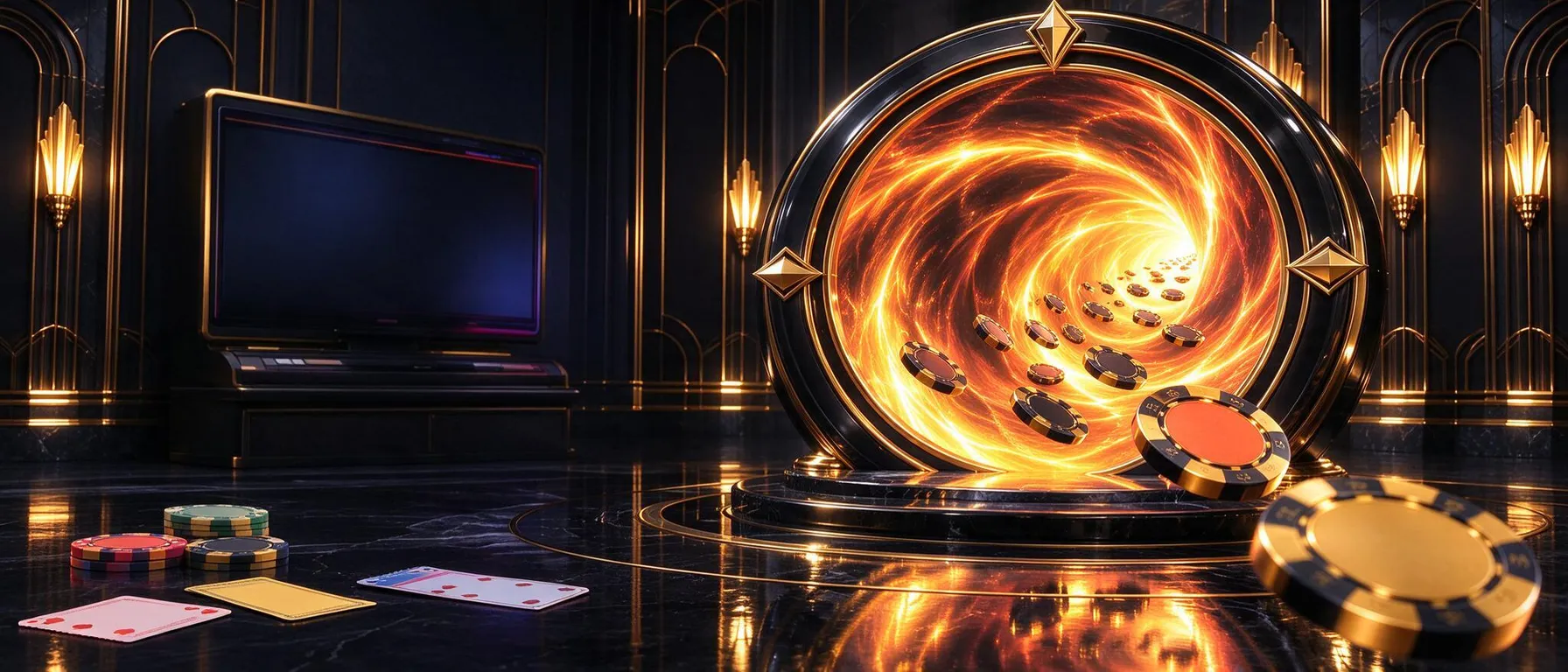 Full-bleed backdrop photograph of a casino environment (tables, live studio or lounge) styled for the brand, behind the review verdict; quiet composition with low-detail areas so text stays readable; never slot machines, reels, an app screen or phone interface. For sportsbook or sports pages choose the matching sport preset (an empty arena, court or rink).